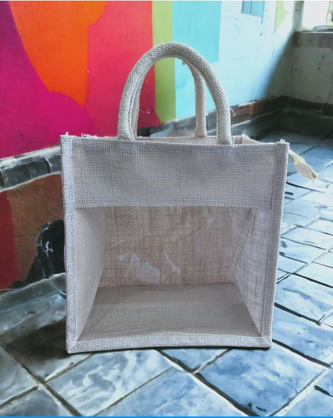 AM0592 Transparent Jute Bag  Eco-Friendly Plain Jute Bag for Tiffin  (L 11" x W 6" x H 11" )