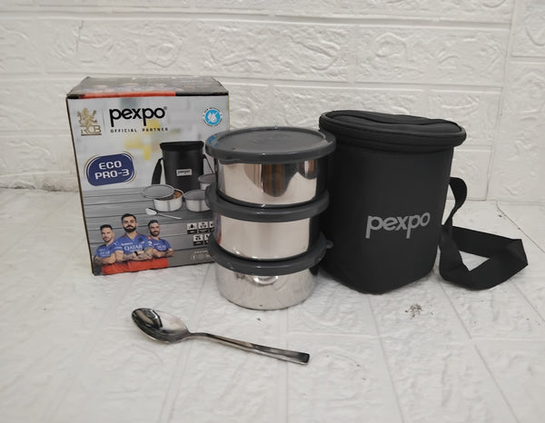 AM3493 Pexpo Eco Pro-3 Lunch Box Set 3 Container, 1 Spoon, Elegant Bag