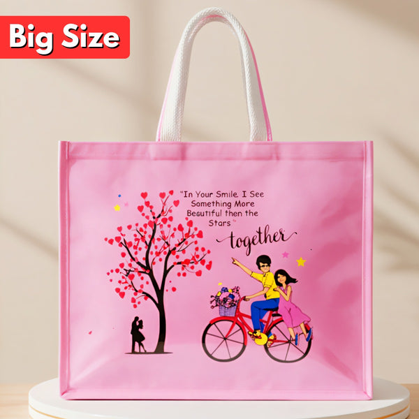 AM6281 Big Love Theme Pink Jute Bag - Reusable Shopping & Gift Carry Bag