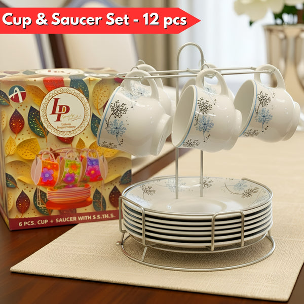 Di0363 Lp Elegant Designer Cup & Saucer Set with Stainless Steel Stand (Set of 12pc)