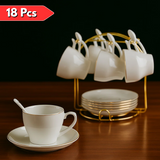 AM5956 Luxury White Porcelain Cup, Saucer & Spoon Set with Golden Stand – 18 Pieces