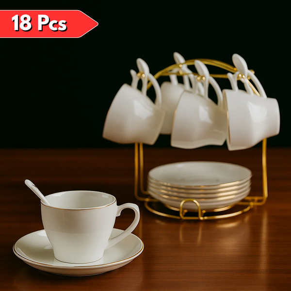 AM5956 Luxury White Porcelain Cup, Saucer & Spoon Set with Golden Stand – 18 Pieces