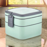 2860 GREEN DOUBLE-LAYER PORTABLE LUNCH BOX STACKABLE WITH CARRYING HANDLE AND SPOON LUNCH BOX , Bento Lunch Box