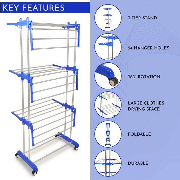 AM5670 Omex Stainless Steel Cloth Stand - 3-Layer Foldable Clothes Dryer Rack