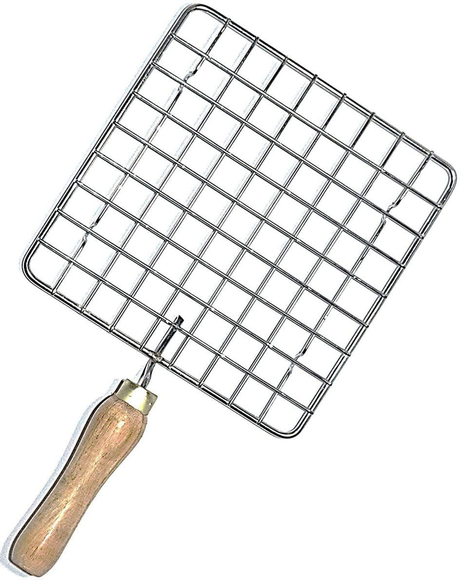 TreegoArt Edelstahl Roti-Grill Mit Holzgriff + Zange – Quadratisch, Zum Braten Von Fladenbrot Und Papad