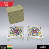 2563 Handicraft Meenakari Wooden Chowki Puja Bajot For Home & Office Decor for Puja Multicolour (2 Pc Set)