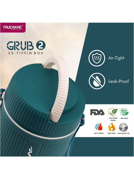 AM2411 Trueware Grub 2 Insulated Hot Lunch Box With 2 SS Container 300ml & 1 SS Container 200ml 3 Containers Lunch Box