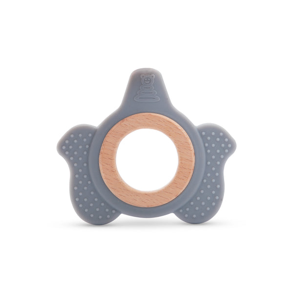 A07128 Grey Silicone and Wood Baby Teething Toy with Textured Grip
