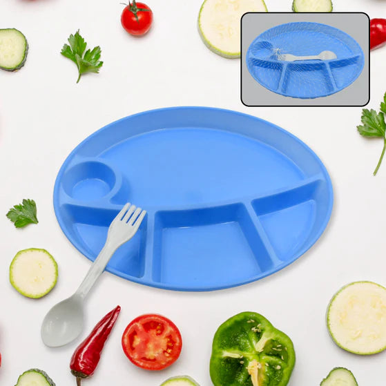 5577 PLASTIC FOOD PLATES / BIODEGRADABLE 5 COMPARTMENT PLATE WITH SPOON FOR FOOD SNACKS / NUTS / DESSERTS PLATES FOR KIDS, REUSABLE PLATES FOR OUTDOOR, CAMPING, BPA-FREE (1 PC)