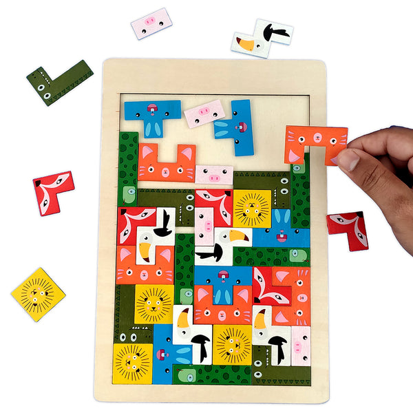 A07131 Wooden Animal Jigsaw Tetris Brain Teaser Puzzle Board