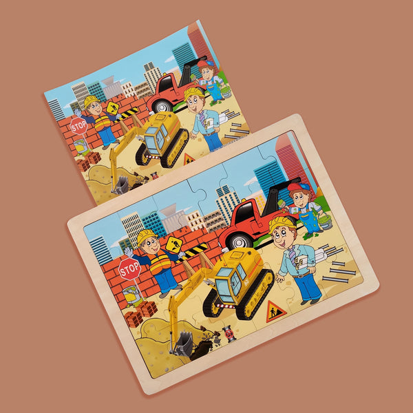 A07145 Wooden Construction Site Jigsaw Puzzle Toy for Kids with Tray and Reference Print