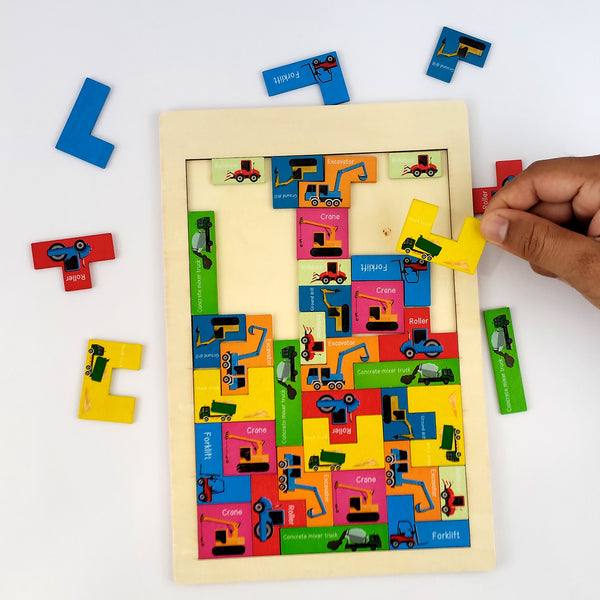 A07132 Wooden Traffic Tetris Puzzle Board Game with Construction Vehicle Blocks
