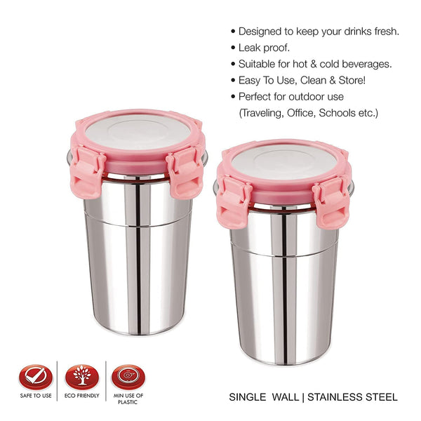 3329 Stainless Steel Airtight & Leak Proof Lock Glass Tumbler with Lid - 350ml