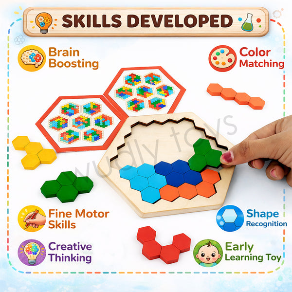 A07141 Wooden Honeycomb Hexagon Block Puzzle Toy for Kids
