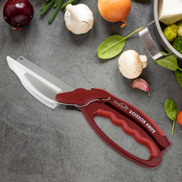 12019 2 in 1 Kitchen Knife Scissor with Spring Locking Hinge and Chopping Board (1 Pc / With Card Packing)