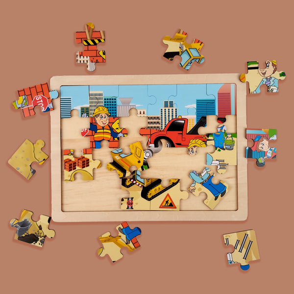 A07145 Wooden Construction Site Jigsaw Puzzle Toy for Kids with Tray and Reference Print