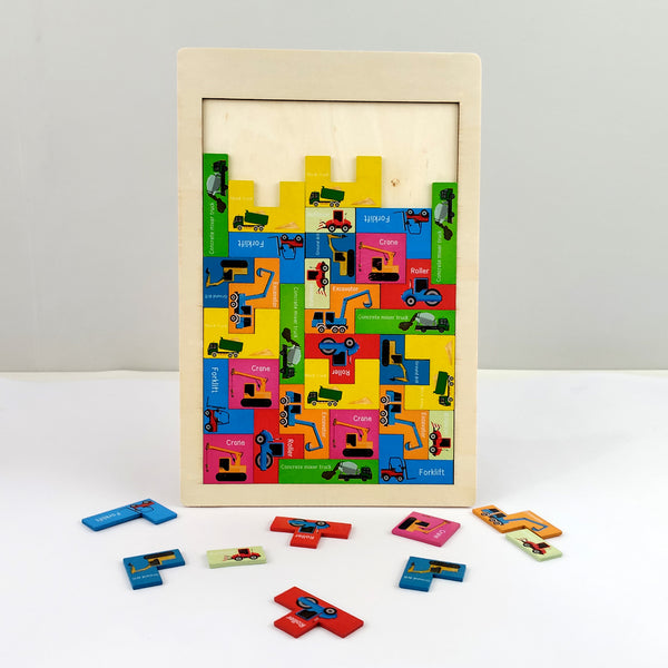 A07132 Wooden Traffic Tetris Puzzle Board Game with Construction Vehicle Blocks