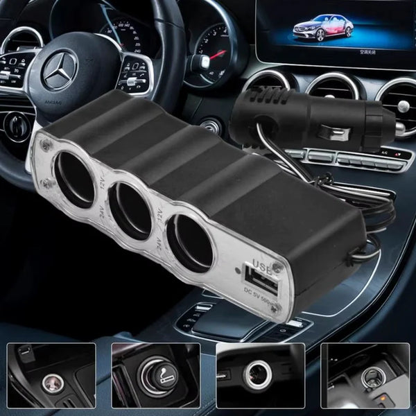 15104 Triple 3 Way Car 12v Lighter Socket Splitter USB Charger Power Adapter