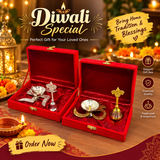 A07469 Silver & Gold Plated Swstik & Om Pooja Gift Set with Diya and Bell in Velvet Box