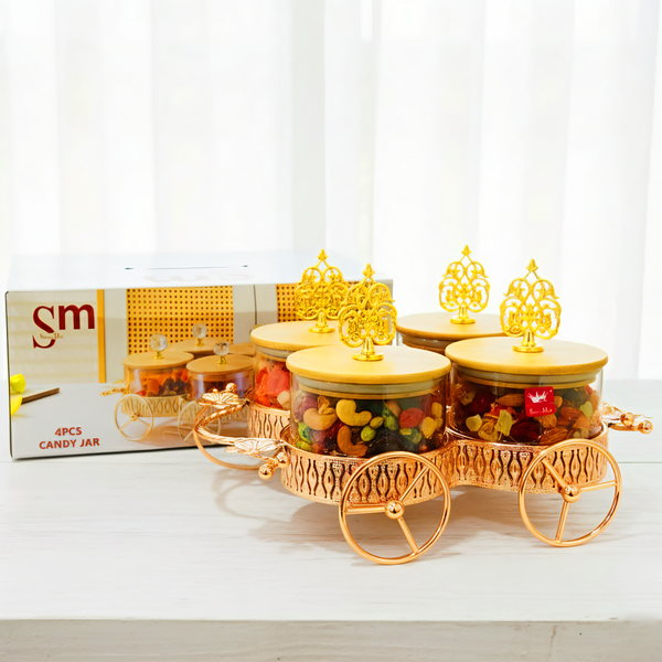AM6271 Luxury Candy Jar Set 4 Pcs With Golden Cart Stand
