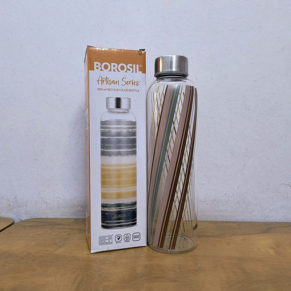 AM5175 Borosil Artisan Series Prism 550 Ml Narrow Mouth Glass Bottle with Metal Lid - Store Water, Lassi, Juice, Smoothies | Dishwasher Safe