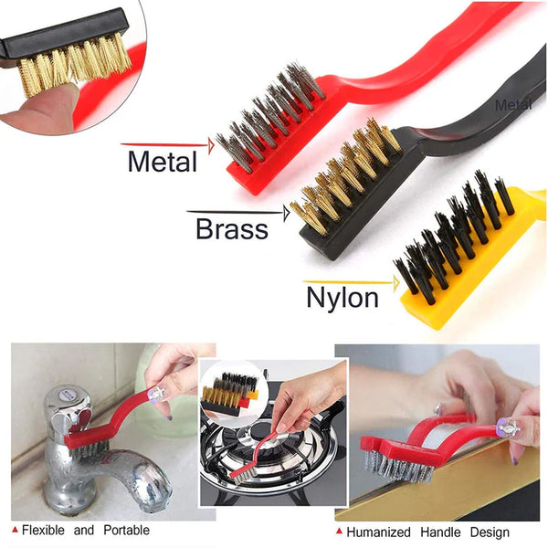 6110 3pc Mini Wire Brush Set Brass Nylon Stainless Steel Bristles Household Cleaning Brush