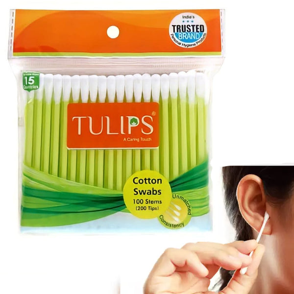 Tulips Cotton Ear Buds With Bamboo Sticks 100 Stems (200 Tips)