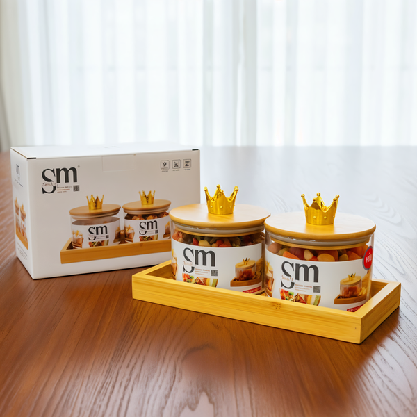 AM6272 SM 2pc Glass Jars with Crown Lids & Serving Tray Set