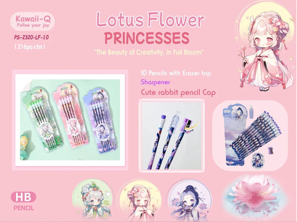 AM2971 Lotus Flower Pencil Set PS-2320-LF-10 Standard Bright HB Pencil 10 Pcs, Sharpener 1 Pcs, Pencil Cap 1 Pcs