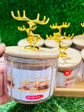 AM3723 Glass Container Jar Bowl With Wooden Deer Lids And Tray 4+1Pcs