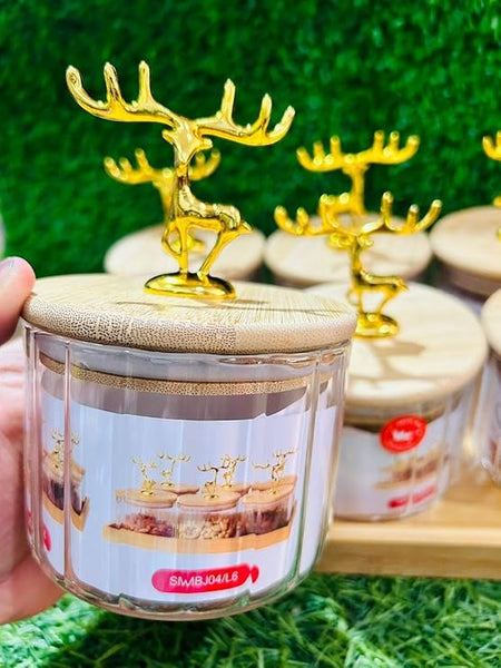 AM3723 Glass Container Jar Bowl With Wooden Deer Lids And Tray 4+1Pcs