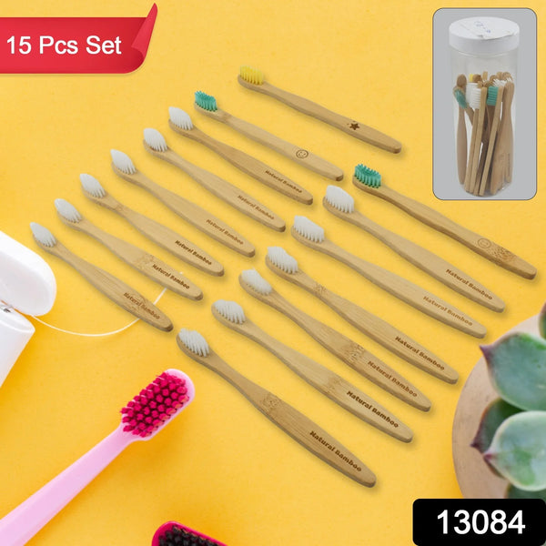 13084 Bamboo Wooden Toothbrush Soft Toothbrush Wooden Child Bamboo Biodegradable Toothbrush, Manual Toothbrush For Adult, Kids (15 Pcs Set / With Round Box)