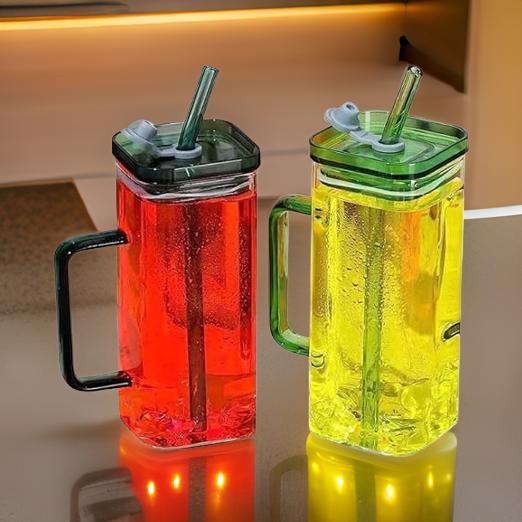 AM3718 Square Mason jar Glass Cups with Lids and Straws 380ml 1 Psc