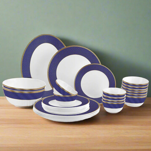 AM5752 Cello Opalware Solitaire Series Sapphire Dinner Set, 27 Units - Opal Glass Dinner Set for 1 | Crockery Set for Festive Ocassions, Parties | White Plate and Bowl Set