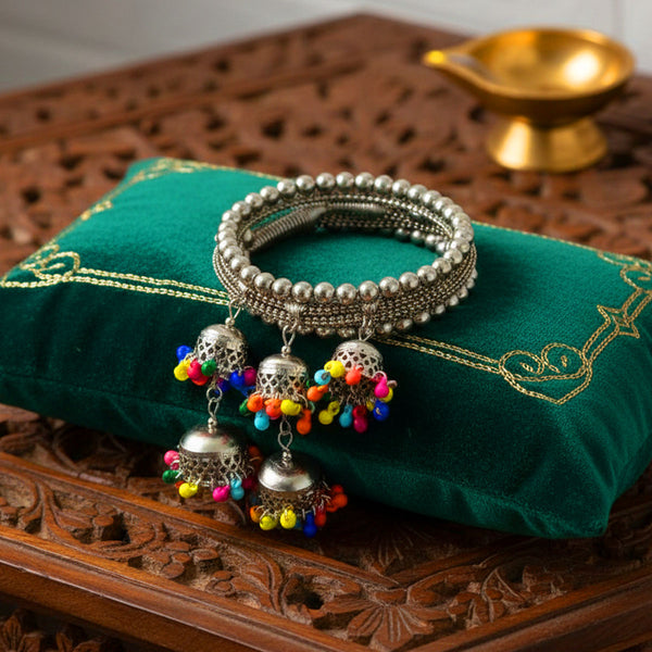 Di0220 Navratri Special Oxidized Silver Bracelet with Colorful Beaded Jhumka Charms