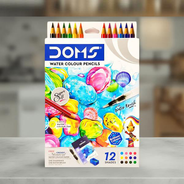 AM5041 Doms Super Soft Hexagonal Pre-Sharpened Water Soluble Colour Pencils 12 Shades 8392