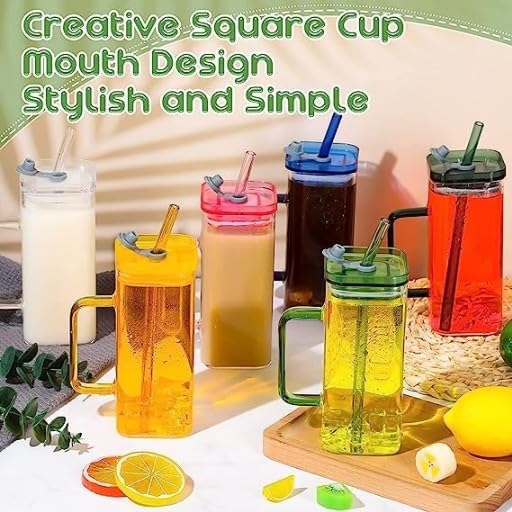 AM3718 Square Mason jar Glass Cups with Lids and Straws 380ml 1 Psc