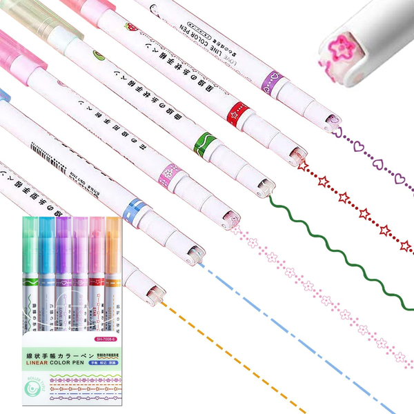 AM0432 Curve Highlighter Pens Set, 6 Colored Cute Outline Curve Highlighters Pens