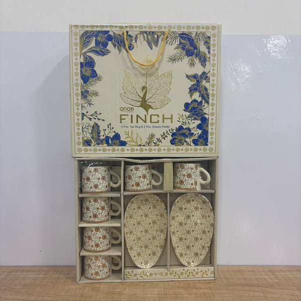 A07850 Finch 8 Pcs Printed Ceramic Tea Mug & Snack Platter Set with Gift Box
