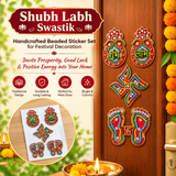 A07701 Handcrafted Beaded Shubh Labh, Swastik & Laxmi Charan Sticker Set for Festival Decor