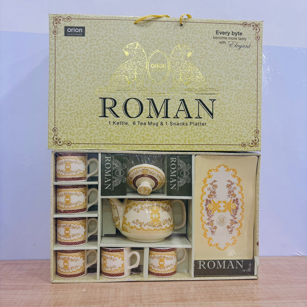 A07851 Roman 8-Piece Glassware Tea Set (1 Kettle, 6 Tea Mugs & 1 Snack Platter)