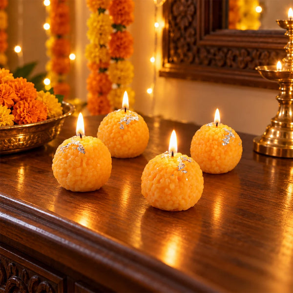 A08142 Motichoor Laddu Design Wax Candles for Diwali and Festive Decor (4 Pc Set)