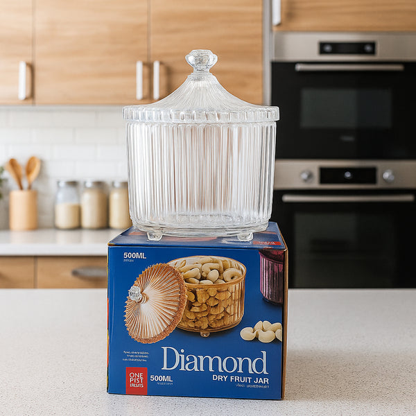 Di0360 Diamond Dry Fruit Transparent 1pc Jar with Lids - 500ml (Mix Colour)