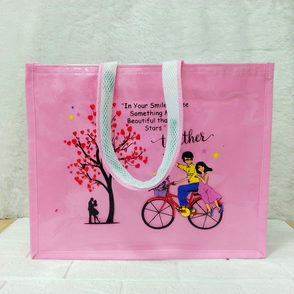 AM6281 Big Love Theme Pink Jute Bag - Reusable Shopping & Gift Carry Bag