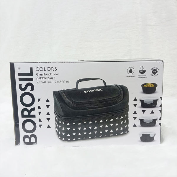 AM6191 Borosil Kube Black Universal Glass Lunchbox, 320ml x 2 + 240ml x 2