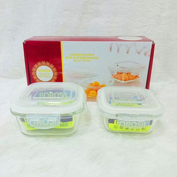 AM6185 Borosil Klip n Store Square Glass Container Set of 2pc (320ml+520ml)