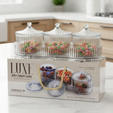 Di0362 LUXE Dry Fruit Transparent 3pc Jar with Lids & Stylish Tray (Mix Colour)