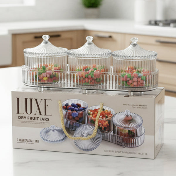 Di0362 LUXE Dry Fruit Transparent 3pc Jar with Lids & Stylish Tray (Mix Colour)