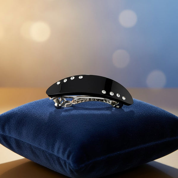AM6390 Elegant Black Oval Rhinestone Hair Clip - Sparkle Snap Barrette