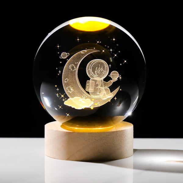AM5355 Crystal Ball Night Lamp,Creative Crystal Ball Night Light, USB Table LED Wooden Crystal Ball for Home Decoration Birthday Gift for Teens, Boys, Girls (3D Moon ASTRONUAT)